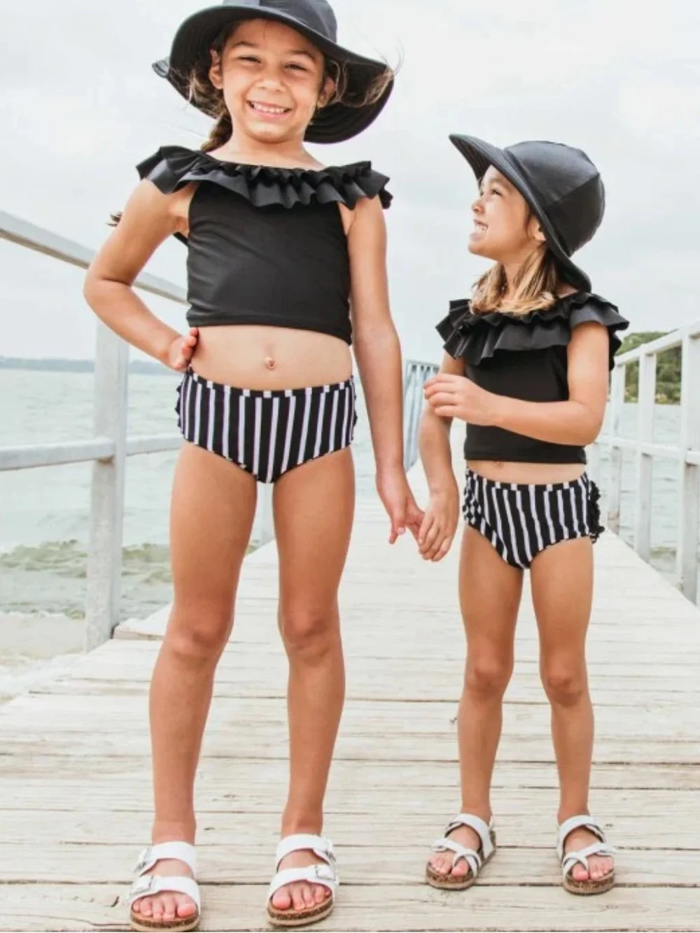 NWT Rufflebutts Baby Girl Black & White Stripe Ruffled Tankini, Size: 3-6M